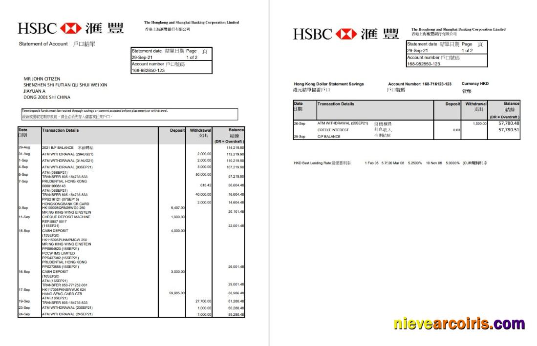 Hong Kong HSBC The Hongkong and Shanghai Banking Corporation bank statement in Excel and PDF format (2 pages)